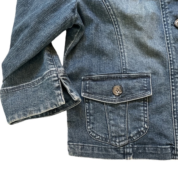 MOttO Jeans Jacket 3/4 sleeves, tailored, shoulder patches, feminine style, Sz M - Picture 2 of 6